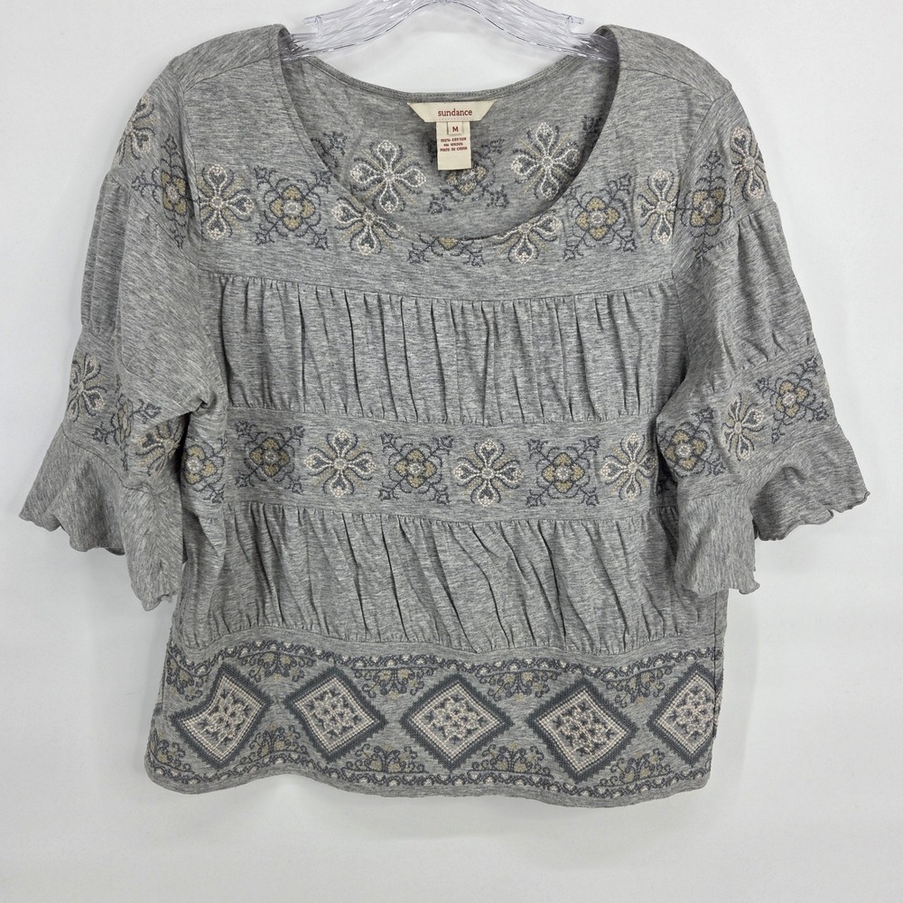 Sundance Embroidered Top Size M Gray Boho Art-Inspired Bell Sleeve Cotton